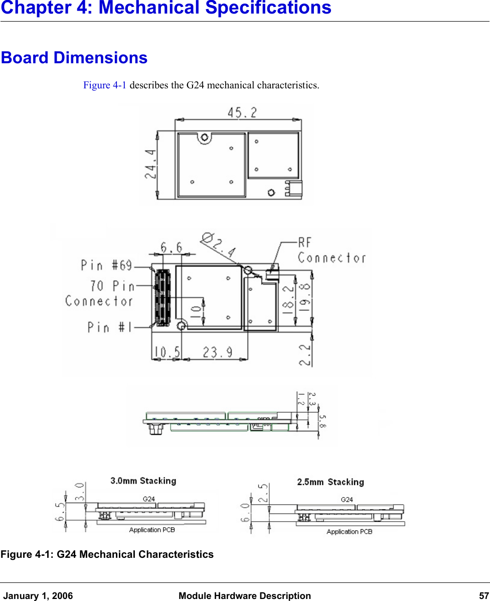  January 1, 2006 Module Hardware Description 57Chapter 4: Mechanical SpecificationsBoard DimensionsFigure 4-1 describes the G24 mechanical characteristics.Figure 4-1: G24 Mechanical Characteristics