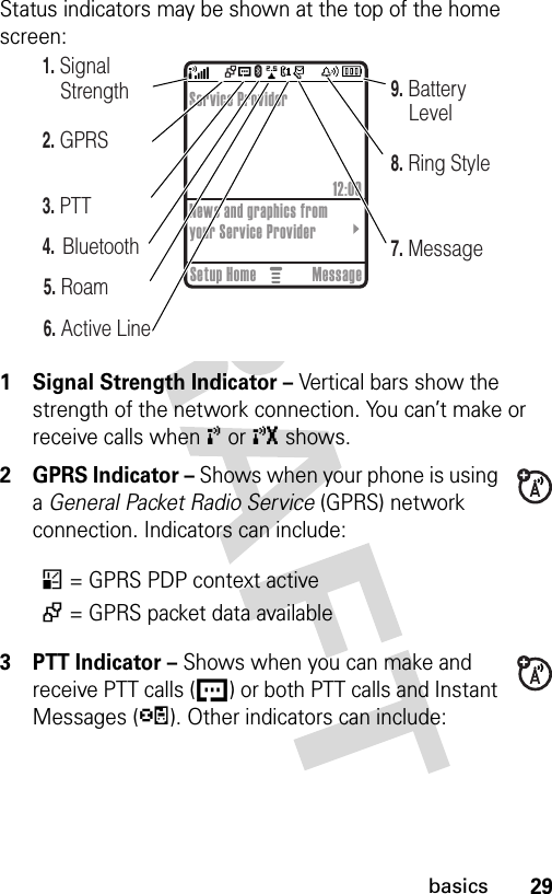 29basicsStatus indicators may be shown at the top of the home screen: 1 Signal Strength Indicator – Vertical bars show the strength of the network connection. You can’t make or receive calls when ! or ) shows.2GPRS Indicator – Shows when your phone is using a General Packet Radio Service (GPRS) network connection. Indicators can include:3PTT Indicator – Shows when you can make and receive PTT calls (U) or both PTT calls and Instant Messages (p). Other indicators can include:*= GPRS PDP context active+= GPRS packet data availableE+U040079b6. Active Line7. Message8. Ring Style9. Battery Level5. Roam3. PTT2. GPRS1. Signal StrengthService Provider12:00News and graphics from your Service ProviderSetup Home Message4.  Bluetooth