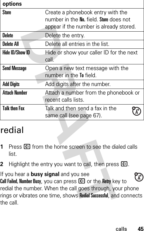 45callsredial 1Press N from the home screen to see the dialed calls list.2Highlight the entry you want to call, then press N.If you hear a busy signal and you see Call Failed, Number Busy, you can press N or the Retry key to redial the number. When the call goes through, your phone rings or vibrates one time, shows Redial Successful, and connects the call.optionsStoreCreate a phonebook entry with the number in the No. field. Store does not appear if the number is already stored.DeleteDelete the entry.Delete AllDelete all entries in the list.Hide ID/Show IDHide or show your caller ID for the next call.Send MessageOpen a new text message with the number in the To field.Add DigitsAdd digits after the number.Attach NumberAttach a number from the phonebook or recent calls lists.Talk then FaxTalk and then send a fax in the same call (see page 67). 