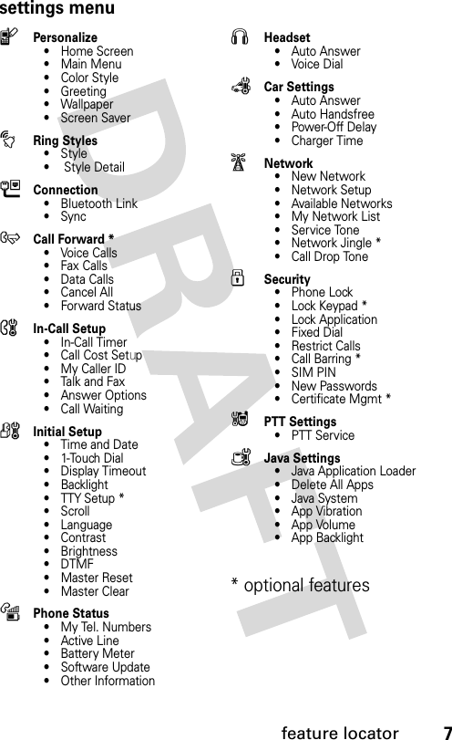 7feature locatorsettings menulPersonalize• Home Screen• Main Menu• Color Style•Greeting• Wallpaper • Screen SavertRing Styles•Style• Style DetailLConnection• Bluetooth Link•SyncH Call Forward *•Voice Calls•Fax Calls•Data Calls•Cancel All• Forward StatusUIn-Call Setup• In-Call Timer• Call Cost Setup• My Caller ID• Talk and Fax• Answer Options• Call WaitingZInitial Setup• Time and Date• 1-Touch Dial• Display Timeout• Backlight• TTY Setup *•Scroll• Language• Contrast• Brightness•DTMF• Master Reset• Master ClearmPhone Status•My Tel. Numbers• Active Line•Battery Meter• Software Update • Other InformationSHeadset• Auto Answer• Voice DialJCar Settings• Auto Answer• Auto Handsfree• Power-Off Delay• Charger TimejNetwork•New Network•Network Setup•Available Networks• My Network List•Service Tone• Network Jingle *• Call Drop ToneuSecurity• Phone Lock• Lock Keypad *• Lock Application•Fixed Dial• Restrict Calls• Call Barring *•SIM PIN•New Passwords• Certificate Mgmt *6PTT Settings•PTT ServicecJava Settings• Java Application Loader• Delete All Apps• Java System• App Vibration•App Volume• App Backlight* optional features 