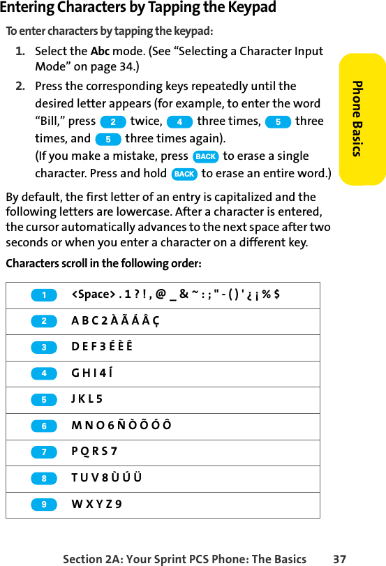 Section 2A: Your Sprint PCS Phone: The Basics 37Phone BasicsEntering Characters by Tapping the KeypadTo enter characters by tapping the keypad: 1. Select the Abc mode. (See “Selecting a Character Input Mode” on page 34.)2. Press the corresponding keys repeatedly until the desired letter appears (for example, to enter the word “Bill,” press   twice,   three times,   three times, and   three times again). (If you make a mistake, press   to erase a single character. Press and hold   to erase an entire word.)By default, the first letter of an entry is capitalized and the following letters are lowercase. After a character is entered, the cursor automatically advances to the next space after two seconds or when you enter a character on a different key.Characters scroll in the following order: &lt;Space&gt; . 1 ? ! , @ _ &amp; ~ : ; &quot; - ( ) &apos; ¿ ¡ % $A B C 2 À Ã Á Â ÇD E F 3 É È ÊG H I 4 ÍJ K L 5M N O 6 Ñ Ò Õ Ó ÔP Q R S 7T U V 8 Ù Ú ÜW X Y Z 92 4 55BACKBACK123456789