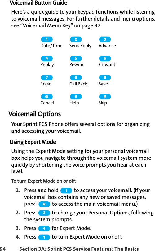 94 Section 3A: Sprint PCS Service Features: The BasicsVoicemail Button GuideHere’s a quick guide to your keypad functions while listening to voicemail messages. For further details and menu options, see “Voicemail Menu Key” on page 97.Date/Time Send Reply AdvanceReplay Rewind ForwardErase Call Back SaveCancel Help SkipVoicemail OptionsYour Sprint PCS Phone offers several options for organizing and accessing your voicemail.Using Expert ModeUsing the Expert Mode setting for your personal voicemail box helps you navigate through the voicemail system more quickly by shortening the voice prompts you hear at each level.To turn Expert Mode on or off:1. Press and hold   to access your voicemail. (If your voicemail box contains any new or saved messages, press   to access the main voicemail menu.)2. Press   to change your Personal Options, following the system prompts.3. Press   for Expert Mode.4. Press   to turn Expert Mode on or off.1 2 34 5 67 8 90 #1341