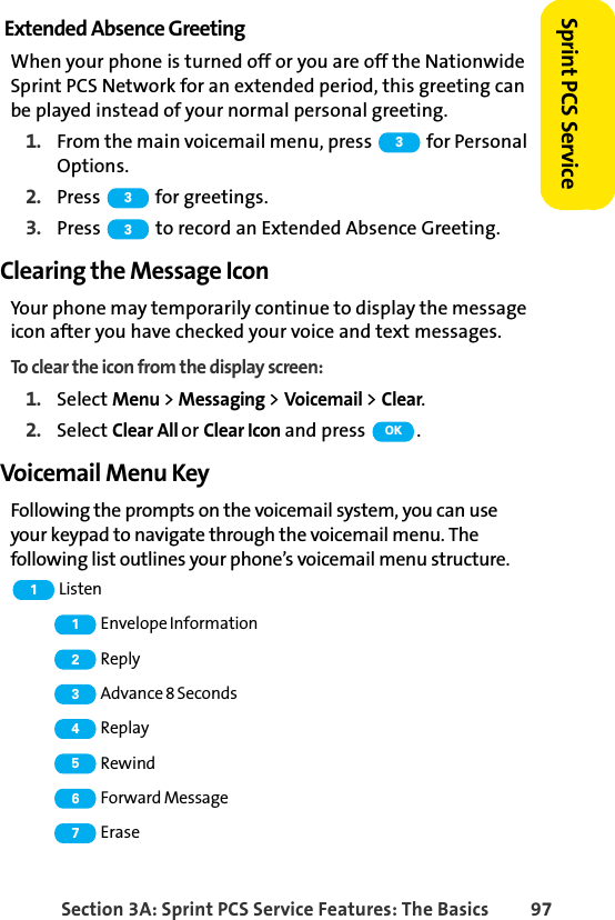 Section 3A: Sprint PCS Service Features: The Basics 97Sprint PCS ServiceExtended Absence GreetingWhen your phone is turned off or you are off the Nationwide Sprint PCS Network for an extended period, this greeting can be played instead of your normal personal greeting.1. From the main voicemail menu, press   for Personal Options.2. Press   for greetings.3. Press   to record an Extended Absence Greeting.Clearing the Message IconYour phone may temporarily continue to display the message icon after you have checked your voice and text messages.To clear the icon from the display screen:1. Select Menu &gt; Messaging &gt; Voicemail &gt; Clear.2. Select Clear All or Clear Icon and press  .Voicemail Menu KeyFollowing the prompts on the voicemail system, you can use your keypad to navigate through the voicemail menu. The following list outlines your phone’s voicemail menu structure. Listen Envelope Information Reply Advance 8 Seconds Replay Rewind Forward Message Erase333OK11234567