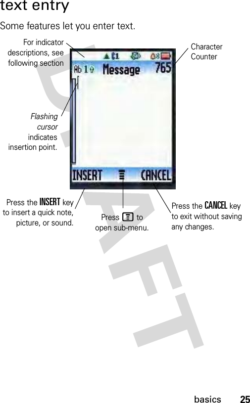 25basicstext entrySome features let you enter text.Flashingcursorindicatesinsertion point.Press M to open sub-menu.Character CounterPress the INSERT keyto insert a quick note,picture, or sound.Press the CANCEL key to exit without saving any changes.For indicatordescriptions, seefollowing section