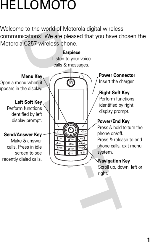 1HELLOMOTOWelcome to the world of Motorola digital wireless communications! We are pleased that you have chosen the Motorola C257 wireless phone.EarpieceListen to your voice calls &amp; messages.Left Soft KeyPerform functionsidentified by leftdisplay prompt.Send/Answer KeyMake &amp; answercalls. Press in idlescreen to seerecently dialed calls.Menu KeyOpen a menu when itappears in the display.Right Soft KeyPerform functions identified by right display prompt.Power/End KeyPress &amp; hold to turn the phone on/off.Press &amp; release to end phone calls, exit menu system.Power ConnectorInsert the charger.Navigation KeyScroll up, down, left or right.