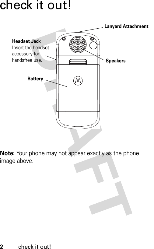 2check it out!check it out!Note: Your phone may not appear exactly as the phone image above.Headset JackInsert the headset accessory for handsfree use.BatteryLanyard AttachmentSpeakers