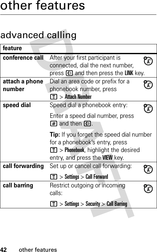 42other featuresother featuresadvanced callingfeatureconference callAfter your first participant is connected, dial the next number, press N and then press the LINK key.attach a phone numberDial an area code or prefix for a phonebook number, press M &gt; Attach Numberspeed dialSpeed dial a phonebook entry:Enter a speed dial number, press # and then N.Tip: If you forget the speed dial number for a phonebook’s entry, press M &gt; Phonebook, highlight the desired entry, and press the VIEW key.call forwardingSet up or cancel call forwarding:M &gt; Settings &gt; Call Forwardcall barringRestrict outgoing or incoming calls:M &gt; Settings &gt; Security &gt; Call Barring