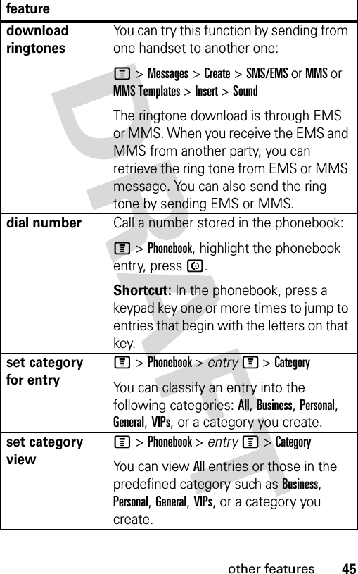 45other featuresdownload ringtonesYou can try this function by sending from one handset to another one:M &gt; Messages &gt; Create &gt; SMS/EMS or MMS or MMS Templates &gt; Insert &gt; SoundThe ringtone download is through EMS or MMS. When you receive the EMS and MMS from another party, you can retrieve the ring tone from EMS or MMS message. You can also send the ring tone by sending EMS or MMS.dial numberCall a number stored in the phonebook:M &gt; Phonebook, highlight the phonebook entry, press N.Shortcut: In the phonebook, press a keypad key one or more times to jump to entries that begin with the letters on that key.set category for entryM &gt; Phonebook &gt; entry M &gt; CategoryYou can classify an entry into the following categories: All, Business, Personal, General, VIPs, or a category you create.set category viewM &gt; Phonebook &gt; entry M &gt; CategoryYou can view All entries or those in the predefined category such as Business, Personal, General, VIPs, or a category you create.feature