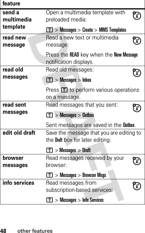 48other featuressend a multimedia templateOpen a multimedia template with preloaded media:M &gt; Messages &gt; Create &gt; MMS Templatesread new messageRead a new text or multimedia message:Press the READ key when the New Message notification displays.read old messagesRead old messages:M &gt; Messages &gt; InboxPress M to perform various operations on a message.read sent messagesRead messages that you sent:M &gt; Messages &gt; OutboxSent messages are saved in the Outbox.edit old draftSave the message that you are editing to the Draft box for later editing:M &gt; Messages &gt; Draftbrowser messagesRead messages received by your browser:M &gt; Messages &gt; Browser Msgsinfo servicesRead messages from subscription-based services:M &gt; Messages &gt; Info Servicesfeature