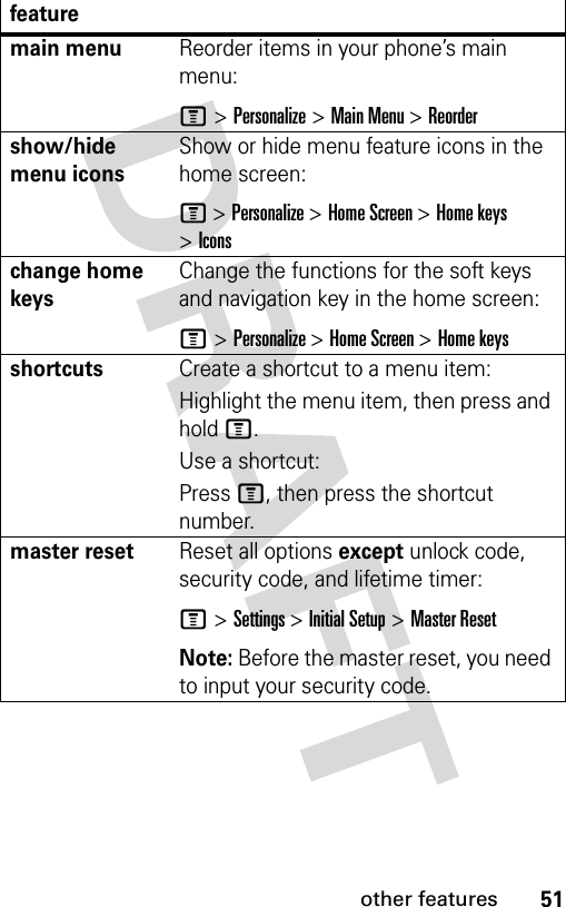 51other featuresmain menuReorder items in your phone’s main menu:M &gt; Personalize &gt; Main Menu &gt; Reordershow/hide menu iconsShow or hide menu feature icons in the home screen:M &gt; Personalize &gt; Home Screen &gt; Home keys &gt; Iconschange home keysChange the functions for the soft keys and navigation key in the home screen:M &gt; Personalize &gt; Home Screen &gt; Home keysshortcutsCreate a shortcut to a menu item:Highlight the menu item, then press and hold M. Use a shortcut:Press M, then press the shortcut number.master resetReset all options except unlock code, security code, and lifetime timer:M &gt; Settings &gt; Initial Setup &gt; Master ResetNote: Before the master reset, you need to input your security code. feature