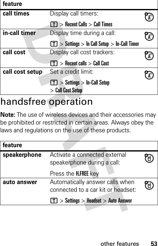 53other featureshandsfree operationNote: The use of wireless devices and their accessories may be prohibited or restricted in certain areas. Always obey the laws and regulations on the use of these products.featurecall timesDisplay call timers:M &gt; Recent Calls &gt; Call Timesin-call timerDisplay time during a call:M &gt; Settings &gt; In Call Setup &gt; In-Call Timercall costDisplay call cost trackers:M &gt; Recent calls &gt; Call Costcall cost setupSet a credit limit:M &gt; Settings &gt; In-Call Setup &gt; Call Cost SetupfeaturespeakerphoneActivate a connected external speakerphone during a call:Press the H.FREE keyauto answerAutomatically answer calls when connected to a car kit or headset:M &gt; Settings &gt; Headset &gt; Auto Answer