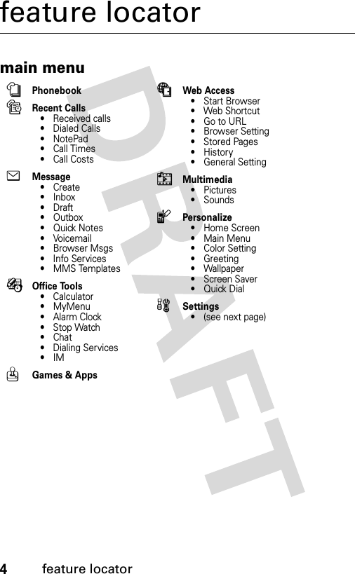 4feature locatorfeature locatormain menunPhonebooksRecent Calls• Received calls• Dialed Calls• NotePad•Call Times•Call CostseMessage•Create•Inbox•Draft• Outbox•Quick Notes•Voicemail•Browser Msgs• Info Services• MMS TemplatesÉOffice Tools• Calculator•MyMenu•Alarm Clock• Stop Watch•Chat• Dialing Services•IMQGames &amp; AppsáWeb Access•Start Browser• Web Shortcut•Go to URL•Browser Setting• Stored Pages•History• General SettinghMultimedia•Pictures• SoundslPersonalize• Home Screen•Main Menu• Color Setting• Greeting• Wallpaper• Screen Saver•Quick Dialw Settings• (see next page)