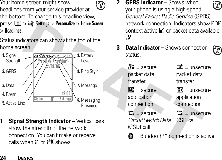 24basicsYour home screen might show headlines from your service provider at the bottom. To change this headline view, press M &gt;wSettings &gt;Personalize &gt;Home Screen &gt;Headlines.Status indicators can show at the top of the home screen: 1 Signal Strength Indicator – Vertical bars show the strength of the network connection. You can’t make or receive calls when ! or ) shows.2 GPRS Indicator – Shows when your phone is using a high-speed General Packet Radio Service (GPRS) network connection. Indicators show PDP context active * or packet data available +.3 Data Indicator – Shows connection status.Styles SettingsService Provider12/31/05                         12:005. Active Line 6. Messaging Presence7. Message8. Ring Style9. Battery Level4. Roam3. Data2. GPRS1. Signal Strength4= secure packet data transfer7= unsecure packet data transfer3= secure application connection6= unsecure application connection2= secure Circuit Switch Data (CSD) call5= unsecure CSD callà= Bluetooth™ connection is active