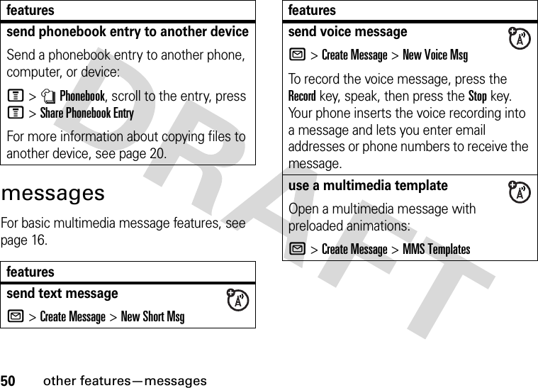 50other features—messagesmessagesFor basic multimedia message features, see page 16.send phonebook entry to another deviceSend a phonebook entry to another phone, computer, or device:M&gt;nPhonebook, scroll to the entry, press M&gt;Share Phonebook EntryFor more information about copying files to another device, see page 20.featuressend text messageR &gt;Create Message &gt;New Short Msgfeaturessend voice messageR &gt;Create Message &gt;New Voice MsgTo record the voice message, press the Record key, speak, then press the Stop key. Your phone inserts the voice recording into a message and lets you enter email addresses or phone numbers to receive the message. use a multimedia templateOpen a multimedia message with preloaded animations:R &gt;Create Message &gt;MMS Templatesfeatures