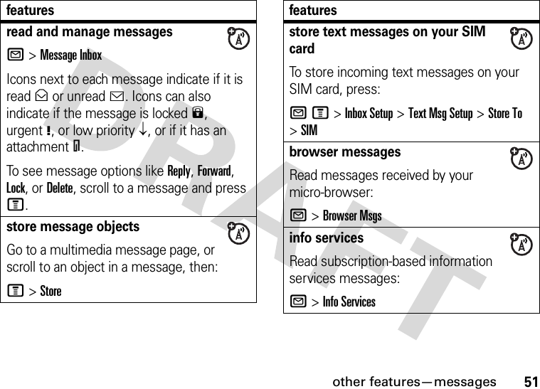 other features—messages51read and manage messagesR &gt;Message InboxIcons next to each message indicate if it is read&gt; or unread&lt;. Icons can also indicate if the message is locked9, urgent!, or low priority↓, or if it has an attachment=.To see message options like Reply, Forward, Lock, or Delete, scroll to a message and press M.store message objectsGo to a multimedia message page, or scroll to an object in a message, then:M&gt;Storefeaturesstore text messages on your SIM cardTo store incoming text messages on your SIM card, press:RM&gt;Inbox Setup &gt;Text Msg Setup &gt;Store To &gt;SIMbrowser messages Read messages received by your micro-browser:R &gt;Browser Msgsinfo servicesRead subscription-based information services messages:R &gt;Info Servicesfeatures