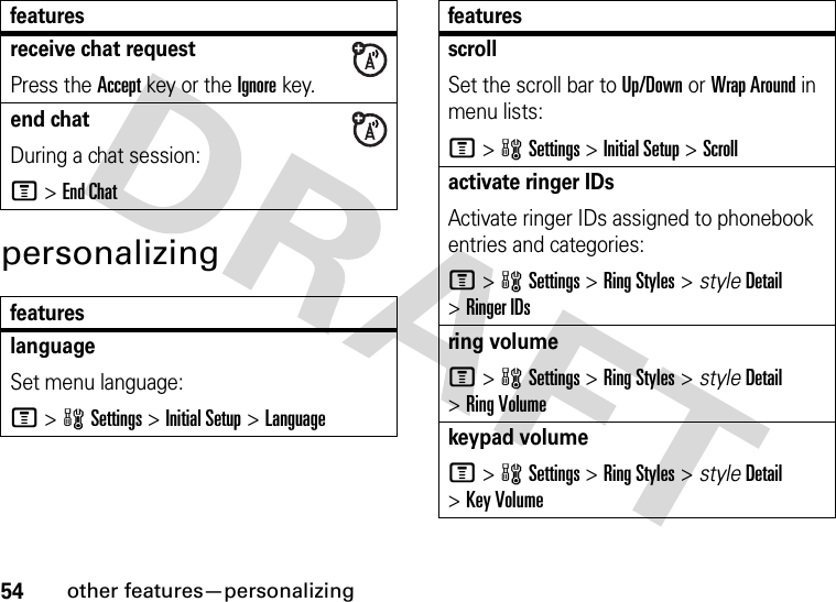 54other features—personalizingpersonalizingreceive chat requestPress the Accept key or the Ignore key.end chatDuring a chat session:M&gt;End ChatfeatureslanguageSet menu language:M&gt;wSettings &gt;Initial Setup &gt;LanguagefeaturesscrollSet the scroll bar to Up/Down or Wrap Around in menu lists:M&gt;wSettings &gt;Initial Setup &gt;Scrollactivate ringer IDs Activate ringer IDs assigned to phonebook entries and categories:M&gt;wSettings &gt;Ring Styles &gt; styleDetail &gt;Ringer IDsring volumeM&gt;wSettings &gt;Ring Styles &gt; styleDetail &gt;Ring Volumekeypad volumeM&gt;wSettings &gt;Ring Styles &gt; styleDetail &gt;Key Volumefeatures