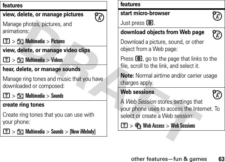 other features—fun &amp; games63featuresview, delete, or manage picturesManage photos, pictures, and animations:M&gt;hMultimedia &gt;Picturesview, delete, or manage video clipsM&gt;hMultimedia &gt;Videoshear, delete, or manage soundsManage ring tones and music that you have downloaded or composed:M&gt;hMultimedia &gt;Soundscreate ring tonesCreate ring tones that you can use with your phone:M&gt;hMultimedia &gt;Sounds &gt;[New iMelody]start micro-browserJust press L.download objects from Web pageDownload a picture, sound, or other object from a Web page:Press L, go to the page that links to the file, scroll to the link, and select it.Note: Normal airtime and/or carrier usage charges apply.Web sessions A Web Session stores settings that your phone uses to access the Internet. To select or create a Web session:M&gt;áWeb Access &gt;Web Sessionsfeatures