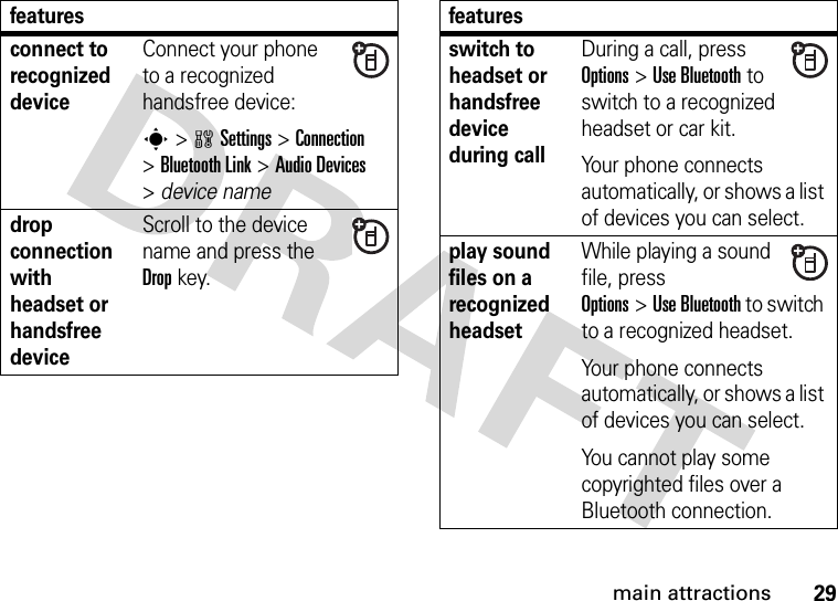 29main attractionsconnect to recognized deviceConnect your phone to a recognized handsfree device:s &gt;wSettings &gt;Connection &gt;Bluetooth Link &gt;Audio Devices &gt;device namedrop connection with headset or handsfree deviceScroll to the device name and press the Dropkey.featuresswitch to headset or handsfree device during callDuring a call, press Options&gt;Use Bluetooth to switch to a recognized headset or car kit.Your phone connects automatically, or shows a list of devices you can select. play sound files on a recognized headsetWhile playing a sound file, press Options&gt;Use Bluetooth to switch to a recognized headset.Your phone connects automatically, or shows a list of devices you can select.You cannot play some copyrighted files over a Bluetooth connection.features