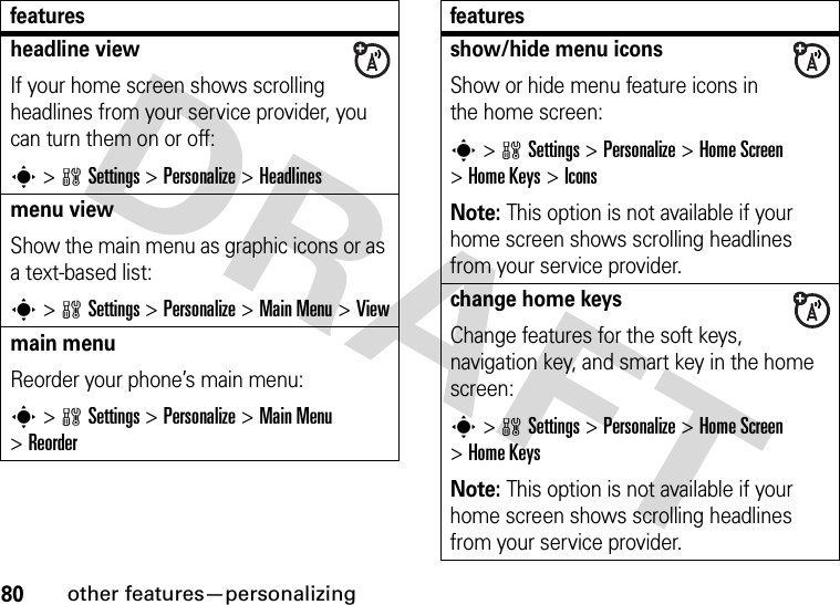 80other features—personalizingheadline viewIf your home screen shows scrolling headlines from your service provider, you can turn them on or off:s &gt;wSettings &gt;Personalize &gt;Headlinesmenu viewShow the main menu as graphic icons or as a text-based list:s&gt;wSettings &gt;Personalize &gt;Main Menu &gt;Viewmain menu Reorder your phone’s main menu:s&gt;wSettings &gt;Personalize &gt;Main Menu &gt;Reorderfeaturesshow/hide menu iconsShow or hide menu feature icons in the home screen:s&gt;wSettings &gt;Personalize &gt;Home Screen &gt;Home Keys &gt;IconsNote: This option is not available if your home screen shows scrolling headlines from your service provider.change home keysChange features for the soft keys, navigation key, and smart key in the home screen:s&gt;wSettings&gt;Personalize &gt;Home Screen &gt;Home KeysNote: This option is not available if your home screen shows scrolling headlines from your service provider.features