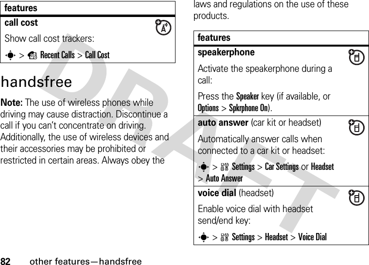 82other features—handsfreehandsfreeNote: The use of wireless phones while driving may cause distraction. Discontinue a call if you can’t concentrate on driving. Additionally, the use of wireless devices and their accessories may be prohibited or restricted in certain areas. Always obey the laws and regulations on the use of these products. call costShow call cost trackers:s&gt;sRecent Calls &gt;Call CostfeaturesfeaturesspeakerphoneActivate the speakerphone during a call:Press the Speakerkey (if available, or Options&gt;Spkrphone On).auto answer (car kit or headset)Automatically answer calls when connected to a car kit or headset:s&gt;wSettings &gt;Car Settings or Headset &gt;Auto Answervoice dial (headset)Enable voice dial with headset send/end key:s&gt;wSettings &gt;Headset &gt;Voice Dial