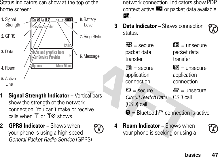 47basicsStatus indicators can show at the top of the home screen: 1 Signal Strength Indicator – Vertical bars show the strength of the network connection. You can’t make or receive calls when 1 or 0 shows.2 GPRS Indicator – Shows when your phone is using a high-speed General Packet Radio Service (GPRS) network connection. Indicators show PDP context active H or packet data available B.3 Data Indicator – Shows connection status.4Roam Indicator – Shows when your phone is seeking or using a 040079b5. Active Line6. Message7. Ring Style8. Battery Level4. Roam3. Data2. GPRS1. Signal StrengthService Provider12:00News and graphics from your Service ProviderOptions Main MenuL= secure packet data transferK= unsecure packet data transferN= secure application connectionM= unsecure application connectionS= secure Circuit Switch Data (CSD) callT= unsecure CSD callO= Bluetooth™ connection is active