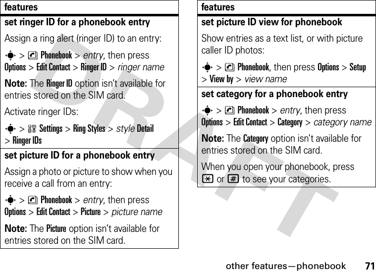 other features—phonebook71set ringer ID for a phonebook entryAssign a ring alert (ringer ID) to an entry:s&gt;nPhonebook &gt; entry, then press Options&gt;Edit Contact &gt;Ringer ID &gt; ringer nameNote: The Ringer ID option isn’t available for entries stored on the SIM card.Activate ringer IDs:s&gt;wSettings &gt;Ring Styles &gt; styleDetail &gt;Ringer IDsset picture ID for a phonebook entryAssign a photo or picture to show when you receive a call from an entry:s&gt;nPhonebook &gt; entry, then press Options&gt;Edit Contact &gt;Picture &gt; picture nameNote: The Picture option isn’t available for entries stored on the SIM card.featuresset picture ID view for phonebookShow entries as a text list, or with picture caller ID photos:s&gt;nPhonebook, then press Options&gt;Setup &gt;View by &gt; view nameset category for a phonebook entrys&gt;nPhonebook &gt; entry, then press Options&gt;Edit Contact &gt;Category &gt; category nameNote: The Category option isn’t available for entries stored on the SIM card.When you open your phonebook, press *or# to see your categories.features