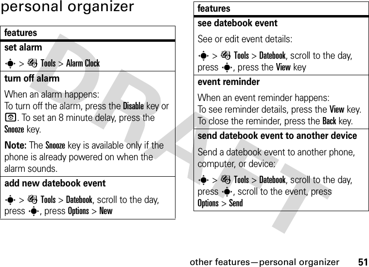 other features—personal organizer51personal organizerfeaturesset alarms&gt;ÉTools &gt;Alarm Clockturn off alarm When an alarm happens: To turn off the alarm, press the Disablekey or O. To set an 8 minute delay, press the Snoozekey.Note: The Snooze key is available only if the phone is already powered on when the alarm sounds.add new datebook event s&gt;ÉTools &gt;Datebook, scroll to the day, press s, press Options&gt;Newsee datebook eventSee or edit event details:s&gt;ÉTools &gt;Datebook, scroll to the day, press s, press the View keyevent reminder When an event reminder happens: To see reminder details, press the Viewkey. To close the reminder, press the Backkey.send datebook event to another deviceSend a datebook event to another phone, computer, or device:s&gt;ÉTools &gt;Datebook, scroll to the day, presss, scroll to the event, press Options&gt;Sendfeatures