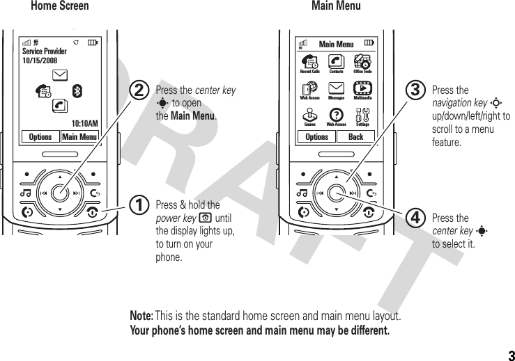 3Service Provider10/15/200810:10AMOptions Main MenuMain MenuOptions BackGames Web Access SettingsRecent Calls Contacts Office ToolsWeb Access Messages MultimediaHome Screen Main Menu Press &amp; hold the power key P until the display lights up, to turn on your phone.1Note: This is the standard home screen and main menu layout.Your phone’s home screen and main menu may be different.Press thecenter key sto select it.4Press thenavigation key S up/down/left/right to scroll to a menu feature.3Press the center key s to openthe Main Menu.2