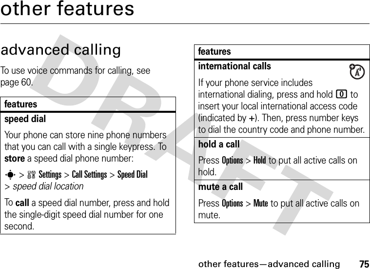 other features—advanced calling75other featuresadvanced callingTo use voice commands for calling, see page 60.featuresspeed dialYour phone can store nine phone numbers that you can call with a single keypress. To store a speed dial phone number:s &gt;wSettings &gt;Call Settings &gt;Speed Dial &gt;speed dial locationTo call a speed dial number, press and hold the single-digit speed dial number for one second.international callsIf your phone service includes international dialing, press and hold 0 to insert your local international access code (indicated by +). Then, press number keys to dial the country code and phone number.hold a callPress Options&gt;Hold to put all active calls on hold.mute a callPress Options&gt;Mute to put all active calls on mute.features