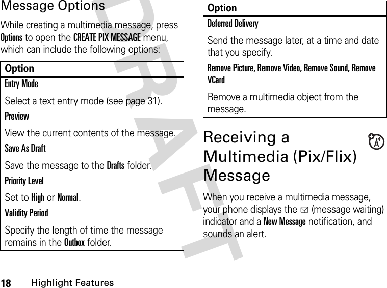 18Highlight FeaturesDRAFT Message OptionsWhile creating a multimedia message, press Options to open the CREATE PIX MESSAGE menu, which can include the following options:Receiving a Multimedia (Pix/Flix) MessageWhen you receive a multimedia message, your phone displays the g (message waiting) indicator and a New Message notification, and sounds an alert.OptionEntry ModeSelect a text entry mode (see page 31).PreviewView the current contents of the message.Save As DraftSave the message to the Drafts folder.Priority LevelSet to High or Normal.Validity PeriodSpecify the length of time the message remains in the Outbox folder.Deferred DeliverySend the message later, at a time and date that you specify.Remove Picture, Remove Video, Remove Sound, Remove VCardRemove a multimedia object from the message.Option