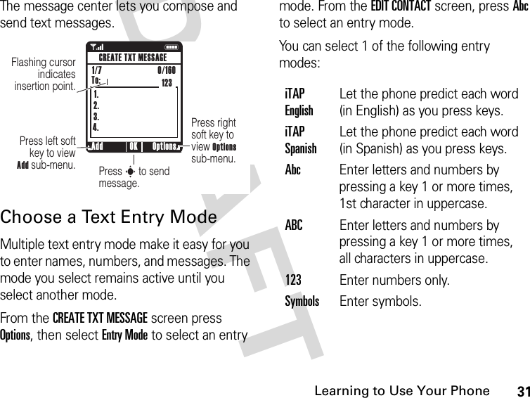 31Learning to Use Your PhoneDRAFT The message center lets you compose and send text messages.Choose a Text Entry ModeMultiple text entry mode make it easy for you to enter names, numbers, and messages. The mode you select remains active until you select another mode.From the CREATE TXT MESSAGE screen press Options, then select Entry Mode to select an entry mode. From the EDIT CONTACT screen, press Abc to select an entry mode. You can select 1 of the following entry modes:1 N1.2.3.4.Press right soft key to  view Options sub-menu.Press s to send message.Press left soft key to view Add sub-menu.Flashing cursor indicates insertion point.Add Options OKCREATE TXT MESSAGE1/7                          0/160 To: 123iTAP EnglishLet the phone predict each word (in English) as you press keys.iTAP SpanishLet the phone predict each word (in Spanish) as you press keys.Abc  Enter letters and numbers by pressing a key 1 or more times, 1st character in uppercase.ABC  Enter letters and numbers by pressing a key 1 or more times, all characters in uppercase.123Enter numbers only.Symbols Enter symbols.