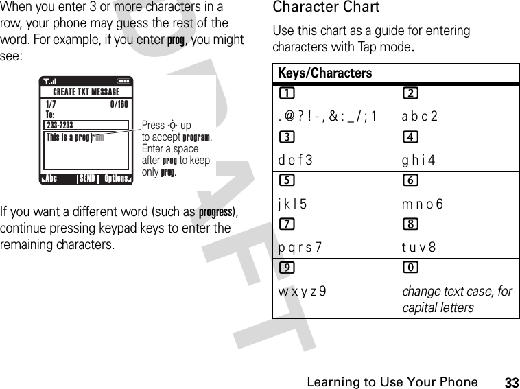 33Learning to Use Your PhoneDRAFT When you enter 3 or more characters in a row, your phone may guess the rest of the word. For example, if you enter prog, you might see:If you want a different word (such as progress), continue pressing keypad keys to enter the remaining characters.Character ChartUse this chart as a guide for entering characters with Tap mode.1    NPress S up to accept program. Enter a space after prog to keep only prog.Abc Options SENDCREATE TXT MESSAGETo:This is a prog ram1/7                          0/160 233-2233Keys/Characters1. @ ? ! - , &amp; : _ / ; 12a b c 23d e f 34g h i 45j k l 56m n o 67p q r s 78t u v 89w x y z 90change text case, for capital letters