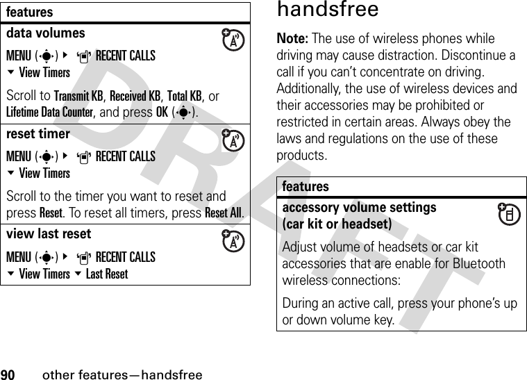 90other features—handsfreehandsfreeNote: The use of wireless phones while driving may cause distraction. Discontinue a call if you can’t concentrate on driving. Additionally, the use of wireless devices and their accessories may be prohibited or restricted in certain areas. Always obey the laws and regulations on the use of these products. data volumesMENU(s)&amp; ARECENT CALLS %View Timers Scroll to Transmit KB, Received KB, Total KB, or Lifetime Data Counter, and press OK(s).reset timerMENU(s)&amp; ARECENT CALLS %View Timers Scroll to the timer you want to reset and press Reset. To reset all timers, press Reset All.view last resetMENU(s)&amp; ARECENT CALLS %View Timers %Last Resetfeaturesfeaturesaccessory volume settings(car kit or headset)Adjust volume of headsets or car kit accessories that are enable for Bluetooth wireless connections:During an active call, press your phone’s up or down volume key.