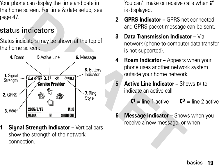 19basicsDRAFT Your phone can display the time and date in the home screen. For time &amp; date setup, see page 47.status indicatorsStatus indicators may be shown at the top of the home screen:1 Signal Strength Indicator – Vertical bars show the strength of the network connection.You can&apos;t make or receive calls when ! is displayed.2GPRS Indicator – GPRS-net connected and GPRS packet message can be sent.3 Data Transmission Indicator – Via network (phone-to-computer data transfer is not supported).4Roam Indicator – Appears when your phone uses another network system outside your home network.5 Active Line Indicator – Shows N to indicate an active call.6 Message Indicator – Shows when you receive a new message, or when Service ProviderÀ2005/8/1`5 14:16+6 ãf4xDMEDIA SHORTCUTQtsàn1. SignalStrength2. GPRS3. WAP4. Roam5.Active Line6. Message8. Battery Indicator7.  Ring Stylef = line 1 activee = line 2 active