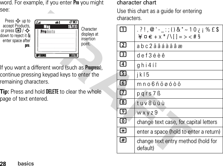 28basicsDRAFT word. For example, if you enter Pro you might see:If you want a different word (such as Progress), continue pressing keypad keys to enter the remaining characters.Tip: Press and hold DELETE to clear the whole page of text entered.character chartUse this chart as a guide for entering characters.    Msg                 157(1) Products4ÒDOPTIONS  DELETE ígCharacter displays at insertion point.Press S up toaccept Products,or press * / Sdown to reject it &amp;enter space afterpro.1. ? ! , @ &apos; - _ : ; ( ) &amp; &quot; ~ 1 0 ¿ ¡ % £ $  ¤ £ + x * / \ [ ] = &gt; &lt; # § 2a b c 2 ä å á à ã â æ 3d e f 3 é è ê 4g h i 4 í î 5j k l 5 6m n o 6 ñ ö ø ó ò õ 7p q r s 7 ß8t u v 8 ü ú ù9w x y z 9 0change text case, for capital letters*enter a space (hold to enter a return)#change text entry method (hold for default)