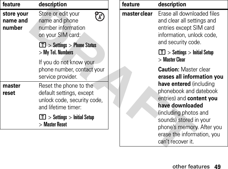 49other featuresDRAFT store your name and numberStore or edit your name and phone number information on your SIM card:M &gt; Settings &gt; Phone Status &gt; My Tel. NumbersIf you do not know your phone number, contact your service provider.master resetReset the phone to the default settings, except unlock code, security code, and lifetime timer:M &gt;Settings &gt;Initial Setup &gt;Master Resetfeature descriptionmaster clear Erase all downloaded files and clear all settings and entries except SIM card information, unlock code, and security code.M &gt;Settings &gt;Initial Setup &gt;Master ClearCaution: Master clear erases all information you have entered (including phonebook and datebook entries) and content you have downloaded (including photos and sounds) stored in your phone’s memory. After you erase the information, you can’t recover it.feature description