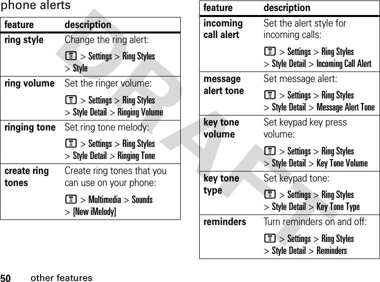 50other featuresDRAFT phone alertsfeature descriptionring style Change the ring alert:M &gt; Settings &gt; Ring Styles &gt; Stylering volumeSet the ringer volume:M &gt;Settings &gt;Ring Styles &gt;Style Detail &gt;Ringing Volumeringing toneSet ring tone melody:M &gt;Settings &gt;Ring Styles &gt;Style Detail &gt;Ringing Tonecreate ring tones Create ring tones that you can use on your phone:M &gt;Multimedia &gt;Sounds &gt;[New iMelody]incoming call alertSet the alert style for incoming calls:M &gt;Settings &gt;Ring Styles &gt;Style Detail &gt;Incoming Call Alertmessage alert toneSet message alert:M &gt;Settings &gt;Ring Styles &gt;Style Detail &gt; Message Alert Tonekey tone volumeSet keypad key press volume:M &gt;Settings &gt;Ring Styles &gt;Style Detail &gt;KeyToneVolumekey tone typeSet keypad tone:M &gt;Settings &gt;Ring Styles &gt;Style Detail &gt;KeyToneTyperemindersTurn reminders on and off:M &gt;Settings &gt;Ring Styles &gt;Style Detail &gt;Remindersfeature description