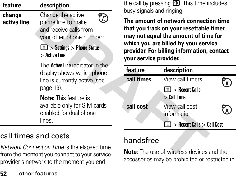 52other featuresDRAFT call times and costsNetwork Connection Time is the elapsed time from the moment you connect to your service provider&apos;s network to the moment you end the call by pressing P. This time includes busy signals and ringing.The amount of network connection time that you track on your resettable timer may not equal the amount of time for which you are billed by your service provider. For billing information, contact your service provider.handsfree Note: The use of wireless devices and their accessories may be prohibited or restricted in change active lineChange the active phone line to make and receive calls from your other phone number:M &gt; Settings &gt; Phone Status &gt; Active LineThe Active Line indicator in the display shows which phone line is currently active (see page 19).Note: This feature is available only for SIM cards enabled for dual phone lines.feature descriptionfeature descriptioncall timesView call timers:M &gt;Recent Calls &gt;Call Timecall costView call cost information:M &gt;Recent Calls &gt;Call Cost