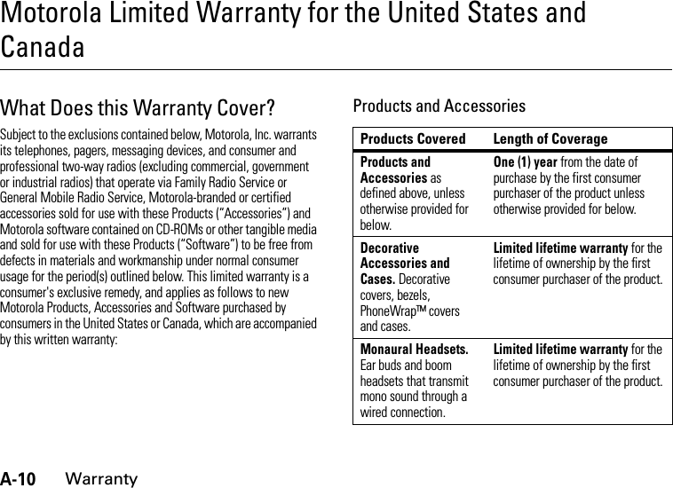 A-10WarrantyMotorola Limited Warranty for the United States and CanadaWarran tyWhat Does this Warranty Cover?Subject to the exclusions contained below, Motorola, Inc. warrants its telephones, pagers, messaging devices, and consumer and professional two-way radios (excluding commercial, government or industrial radios) that operate via Family Radio Service or General Mobile Radio Service, Motorola-branded or certified accessories sold for use with these Products (“Accessories”) and Motorola software contained on CD-ROMs or other tangible media and sold for use with these Products (“Software”) to be free from defects in materials and workmanship under normal consumer usage for the period(s) outlined below. This limited warranty is a consumer&apos;s exclusive remedy, and applies as follows to new Motorola Products, Accessories and Software purchased by consumers in the United States or Canada, which are accompanied by this written warranty:Products and AccessoriesProducts Covered Length of CoverageProducts and Accessories as defined above, unless otherwise provided for below.One (1) year from the date of purchase by the first consumer purchaser of the product unless otherwise provided for below.Decorative Accessories and Cases. Decorative covers, bezels, PhoneWrap™ covers and cases.Limited lifetime warranty for the lifetime of ownership by the first consumer purchaser of the product.Monaural Headsets. Ear buds and boom headsets that transmit mono sound through a wired connection.Limited lifetime warranty for the lifetime of ownership by the first consumer purchaser of the product.