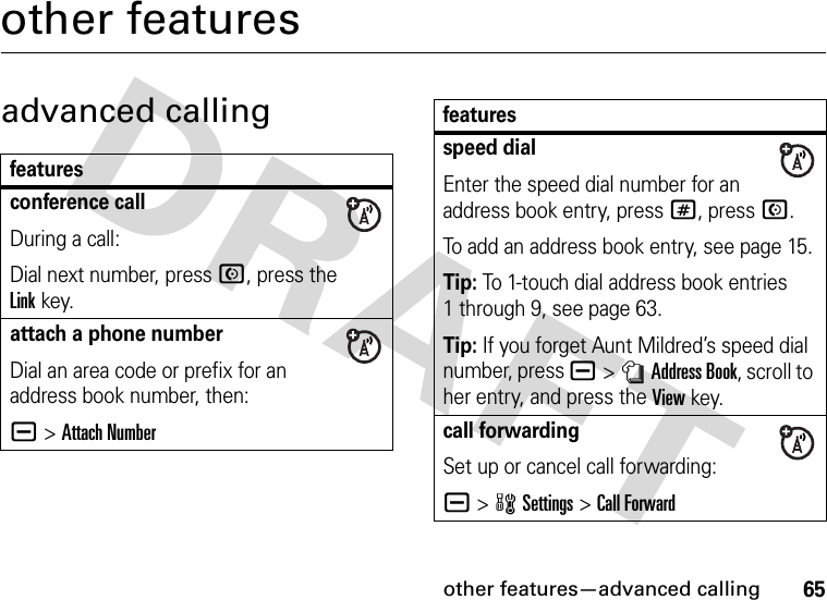 other features—advanced calling65other featuresadvanced callingfeaturesconference callDuring a call:Dial next number, press N, press the Linkkey.attach a phone numberDial an area code or prefix for an address book number, then:a&gt;Attach Numberspeed dialEnter the speed dial number for an address book entry, press#, pressN.To add an address book entry, see page 15.Tip: To 1-touch dial address book entries 1 through 9, see page 63.Tip: If you forget Aunt Mildred’s speed dial number, press a&gt;nAddress Book, scroll to her entry, and press the Viewkey.call forwardingSet up or cancel call forwarding:a &gt;wSettings &gt;Call Forwardfeatures