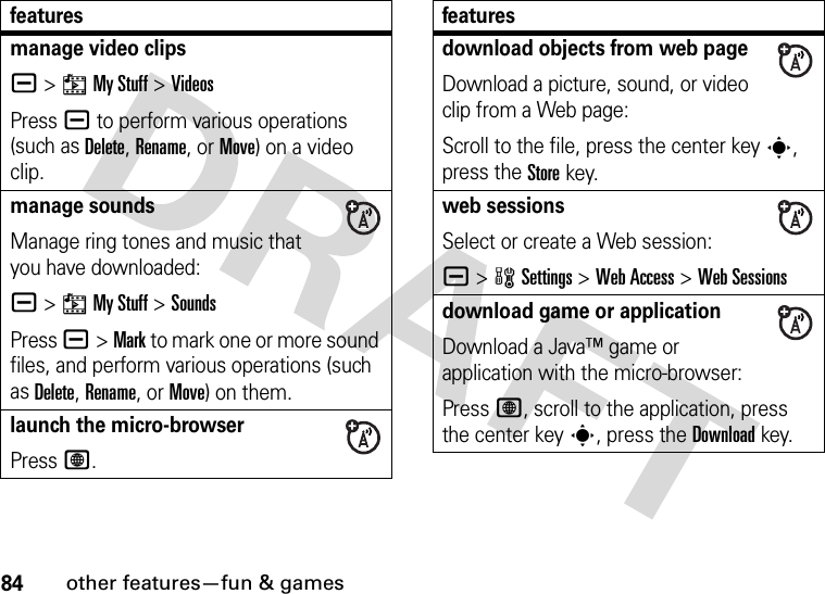 84other features—fun &amp; gamesmanage video clipsa &gt;hMy Stuff &gt;VideosPress a to perform various operations (such as Delete, Rename, or Move) on a video clip.manage soundsManage ring tones and music that you have downloaded:a &gt;hMy Stuff &gt;SoundsPress a&gt;Mark to mark one or more sound files, and perform various operations (such as Delete, Rename, or Move) on them.launch the micro-browserPress L.featuresdownload objects from web pageDownload a picture, sound, or video clip from a Web page:Scroll to the file, press the center keys, press the Storekey.web sessionsSelect or create a Web session:a &gt;wSettings &gt;Web Access &gt;Web Sessionsdownload game or applicationDownload a Java™ game or application with the micro-browser:Press L, scroll to the application, press the center keys, press the Downloadkey.features