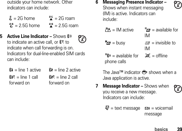 39basicsoutside your home network. Other indicators can include:5 Active Line Indicator – Shows ? to indicate an active call, or &gt; to indicate when call forwarding is on. Indicators for dual-line-enabled SIM cards can include:6 Messaging Presence Indicator – Shows when instant messaging (IM) is active. Indicators can include:The Java™ indicator ` shows when a Java application is active.7 Message Indicator – Shows when you receive a new message. Indicators can include::= 2G home;= 2G roam8= 2.5G home9= 2.5G roam@= line 1 activeB= line 2 activeA= line 1 call forward onC= line 2 call forward onP= IM activeI= available for IM_= busyQ= invisible to IMJ= available for phone callsX= offliner= text messaget= voicemail message