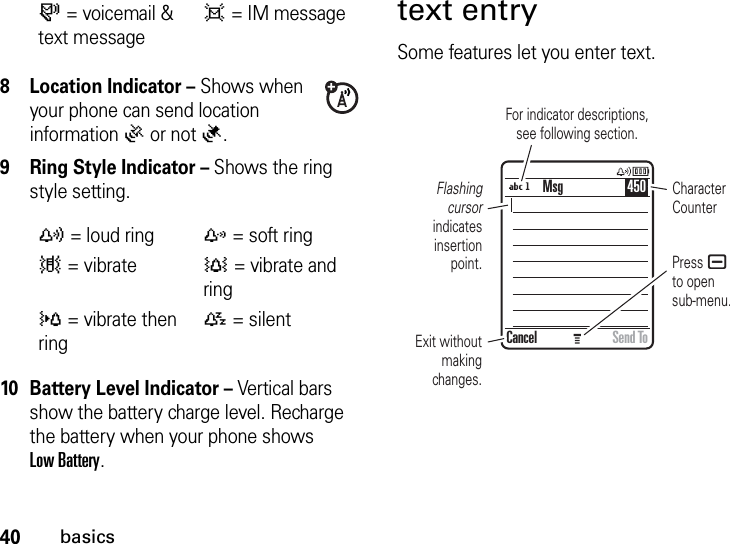 40basics8 Location Indicator – Shows when your phone can send location information Ö or not Ñ.9 Ring Style Indicator – Shows the ring style setting.10 Battery Level Indicator – Vertical bars show the battery charge level. Recharge the battery when your phone shows Low Battery.text entrySome features let you enter text.s= voicemail &amp; text messaged= IM messagey= loud ringz= soft ring|= vibrate†= vibrate and ring}= vibrate then ring{= silent Press a to open sub-menu.Flashing cursor indicates insertion point.Exit without making changes.Character CounterFor indicator descriptions, see following section.Msg 450Cancel Send To