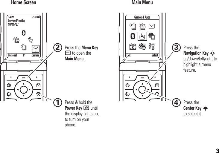 3Personal CameraService Provider10/15/07Games &amp; AppsExit SelectHome Screen Main Menu Press &amp; hold the Power Key P until the display lights up, to turn on your phone.1Press the Center Key s to select it.4Press the Navigation Key S up/down/left/right to highlight a menu feature.3Press the Menu Key a to open the Main Menu.2