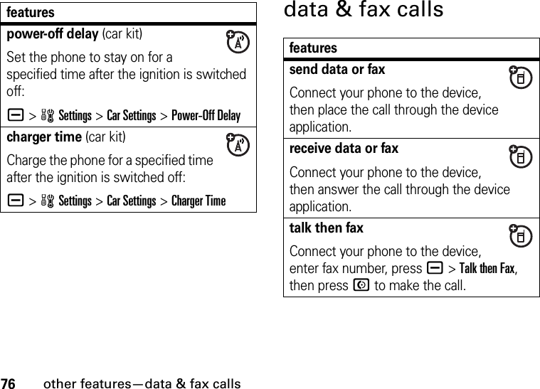 76other features—data &amp; fax callsdata &amp; fax callspower-off delay (car kit)Set the phone to stay on for a specified time after the ignition is switched off:a &gt;wSettings &gt;Car Settings &gt;Power-Off Delaycharger time (car kit)Charge the phone for a specified time after the ignition is switched off:a &gt;wSettings &gt;Car Settings &gt;Charger Timefeaturesfeaturessend data or faxConnect your phone to the device, then place the call through the device application.receive data or faxConnect your phone to the device, then answer the call through the device application.talk then faxConnect your phone to the device, enter fax number, press a&gt;Talk then Fax, then press N to make the call.