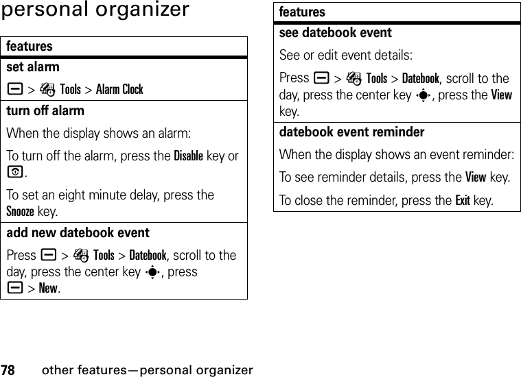 78other features—personal organizerpersonal organizerfeaturesset alarma &gt;ÉTools &gt;Alarm Clockturn off alarmWhen the display shows an alarm:To turn off the alarm, press the Disablekey or O.To set an eight minute delay, press the Snoozekey.add new datebook eventPress a &gt;ÉTools &gt;Datebook, scroll to the day, press the center keys, press a&gt;New.see datebook eventSee or edit event details:Press a &gt;ÉTools &gt;Datebook, scroll to the day, press the center keys, press the View key.datebook event reminderWhen the display shows an event reminder:To see reminder details, press the Viewkey.To close the reminder, press the Exitkey.features