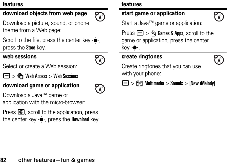 82other features—fun &amp; gamesdownload objects from web pageDownload a picture, sound, or phone theme from a Web page:Scroll to the file, press the center keys, press the Storekey.web sessionsSelect or create a Web session:a &gt;áWeb Access &gt;Web Sessionsdownload game or applicationDownload a Java™ game or application with the micro-browser:Press L, scroll to the application, press the center keys, press the Downloadkey.featuresstart game or applicationStart a Java™ game or application:Pressa &gt;QGames &amp; Apps, scroll to the game or application, press the center keys.create ringtonesCreate ringtones that you can use with your phone:a &gt;hMultimedia &gt;Sounds &gt;[New iMelody]features