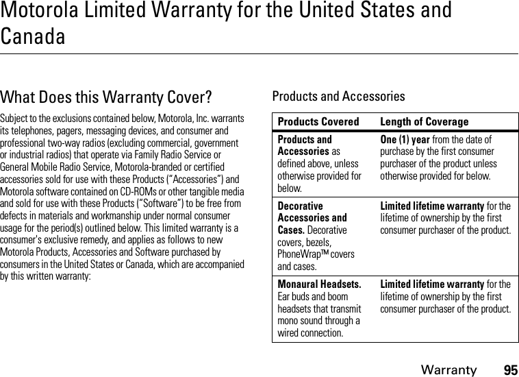 Warranty95Motorola Limited Warranty for the United States and CanadaWarrantyWhat Does this Warranty Cover?Subject to the exclusions contained below, Motorola, Inc. warrants its telephones, pagers, messaging devices, and consumer and professional two-way radios (excluding commercial, government or industrial radios) that operate via Family Radio Service or General Mobile Radio Service, Motorola-branded or certified accessories sold for use with these Products (“Accessories”) and Motorola software contained on CD-ROMs or other tangible media and sold for use with these Products (“Software”) to be free from defects in materials and workmanship under normal consumer usage for the period(s) outlined below. This limited warranty is a consumer&apos;s exclusive remedy, and applies as follows to new Motorola Products, Accessories and Software purchased by consumers in the United States or Canada, which are accompanied by this written warranty:Products and AccessoriesProducts Covered Length of CoverageProducts and Accessories as defined above, unless otherwise provided for below.One (1) year from the date of purchase by the first consumer purchaser of the product unless otherwise provided for below.Decorative Accessories and Cases. Decorative covers, bezels, PhoneWrap™ covers and cases.Limited lifetime warranty for the lifetime of ownership by the first consumer purchaser of the product.Monaural Headsets. Ear buds and boom headsets that transmit mono sound through a wired connection.Limited lifetime warranty for the lifetime of ownership by the first consumer purchaser of the product.