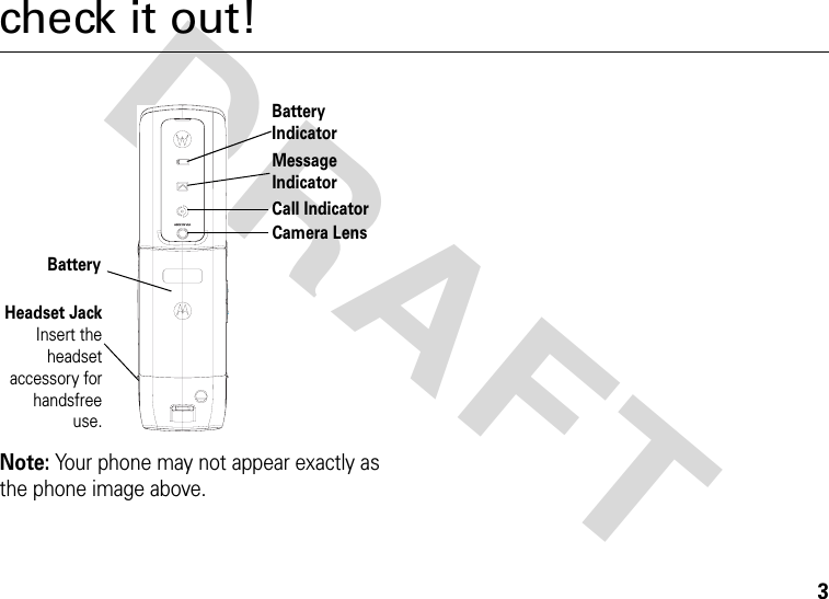 DRAFT 3check it out!Note: Your phone may not appear exactly as the phone image above.Headset JackInsert theheadsetaccessory forhandsfreeuse.BatteryBattery IndicatorCall IndicatorCamera LensMessage Indicator