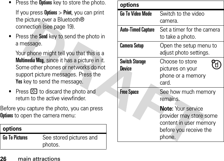 26main attractions•Press the Optionskey to store the photo.If you press Options &gt;Print, you can print the picture over a Bluetooth® connection (see page 19).•Press the Sendkey to send the photo in a message.Your phone might tell you that this is a MultimediaMsg, since it has a picture in it. Some other phones or networks do not support picture messages. Press the Yeskey to send the message.•Press D to discard the photo and return to the active viewfinder.Before you capture the photo, you can press Options to open the camera menu:optionsGo To PicturesSee stored pictures and photos.Go To Video ModeSwitch to the video camera.Auto-Timed CaptureSet a timer for the camera to take a photo.CameraSetupOpen the setup menu to adjust photo settings.Switch Storage DeviceChoose to store pictures on your phone or a memory card.Free SpaceSee how much memory remains.Note: Your service provider may store some content in user memory before you receive the phone.options